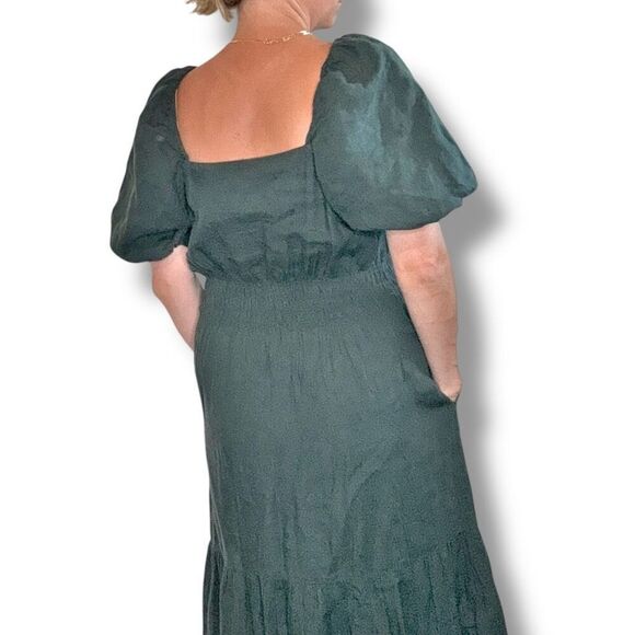 Ann Mashburn Dark Green Square Neck Puff Sleeve Linen Maxi Dress Women’s Size M - Picture 11 of 14
